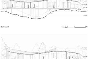 Architektonický řez ukazuje zvlněnou střechu, členění domu i citlivé usazení stavby do svažitého terénu.