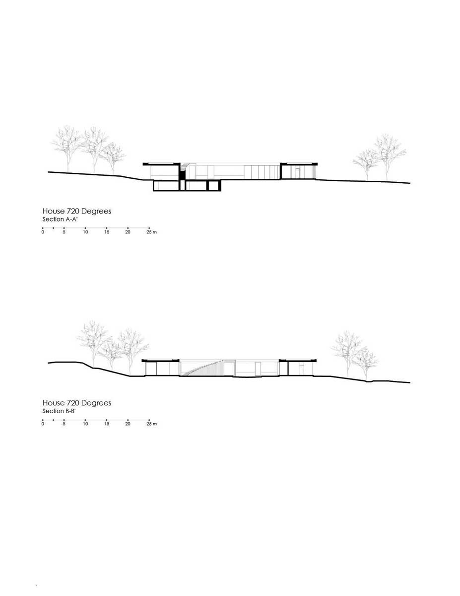 Architektonické řezy domu House 720 Degrees znázorňující jeho zapuštění do terénu.