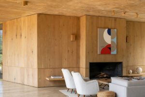 Minimalistický obývací prostor s krbem, dřevěnými stěnami a přírodními materiály.