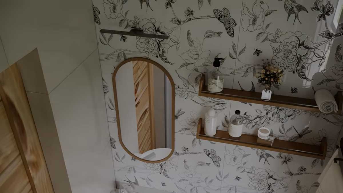 Detail koupelny s dekorativními policemi a květinovým obkladem.