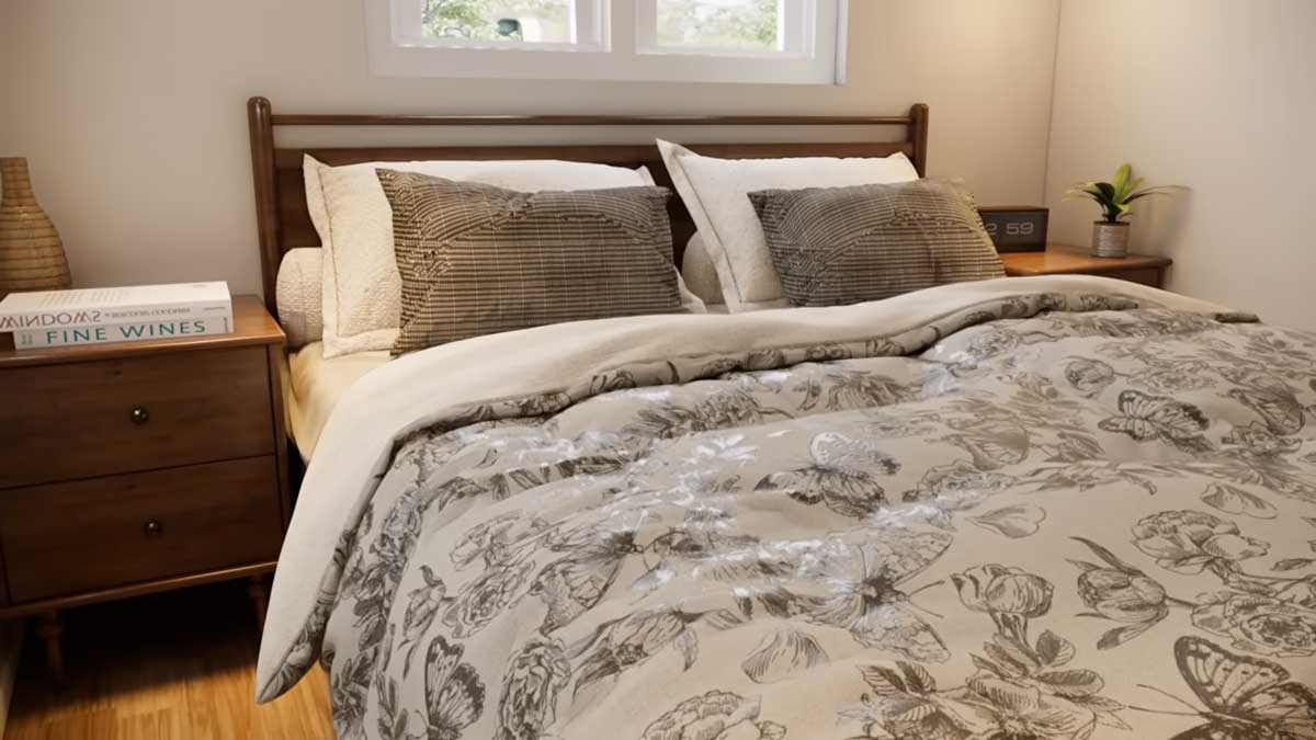 Manželská postel v tiny house s jemným květinovým povlečením.