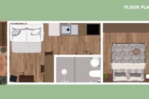 Půdorys tiny house s rozdělením na obytnou část, koupelnu a ložnici.