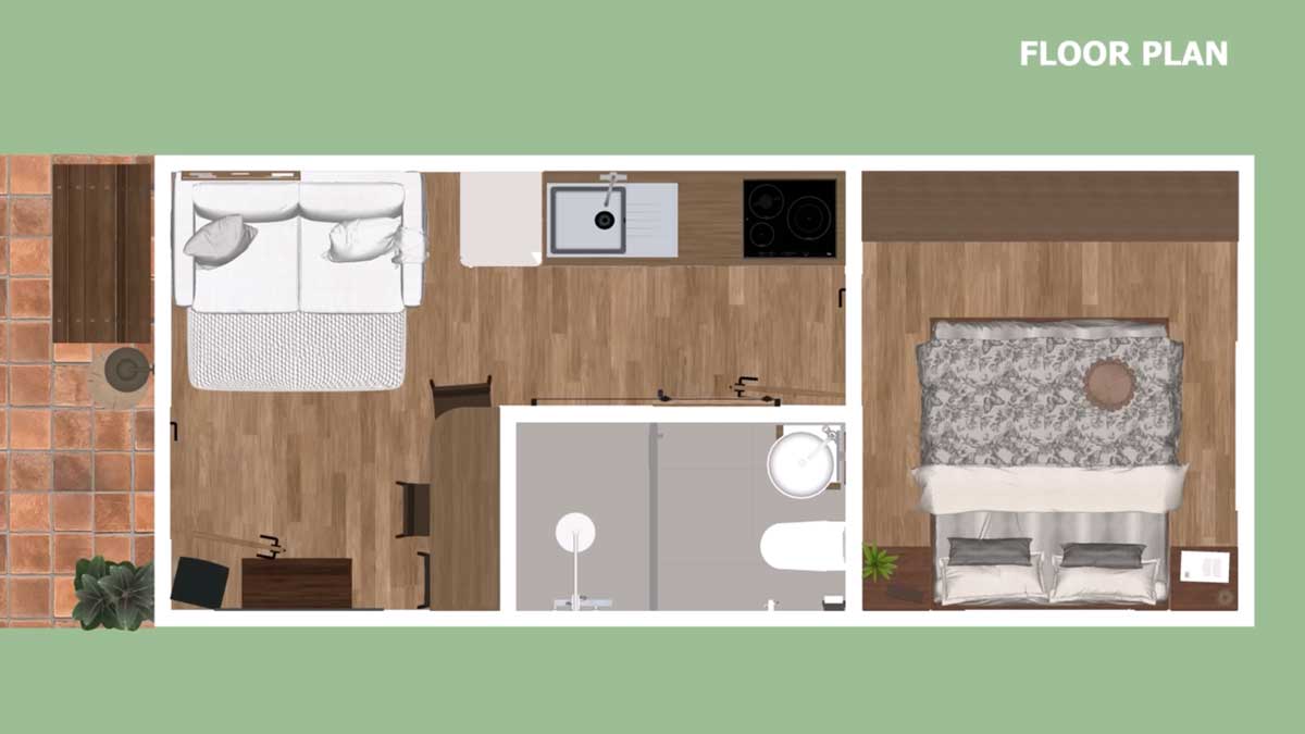 Půdorys tiny house s rozdělením na obytnou část, koupelnu a ložnici.