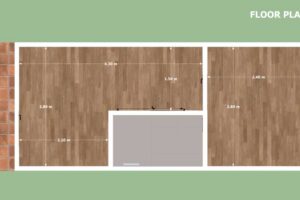 Půdorys tiny house s vyznačenými rozměry jednotlivých částí.