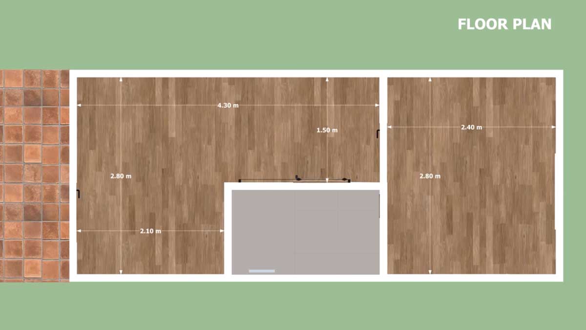 Půdorys tiny house s vyznačenými rozměry jednotlivých částí.