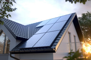 Solární panely na střeše rodinného domu ukazují způsob, jak využít sluneční energii a snížit závislost na externích zdrojích.