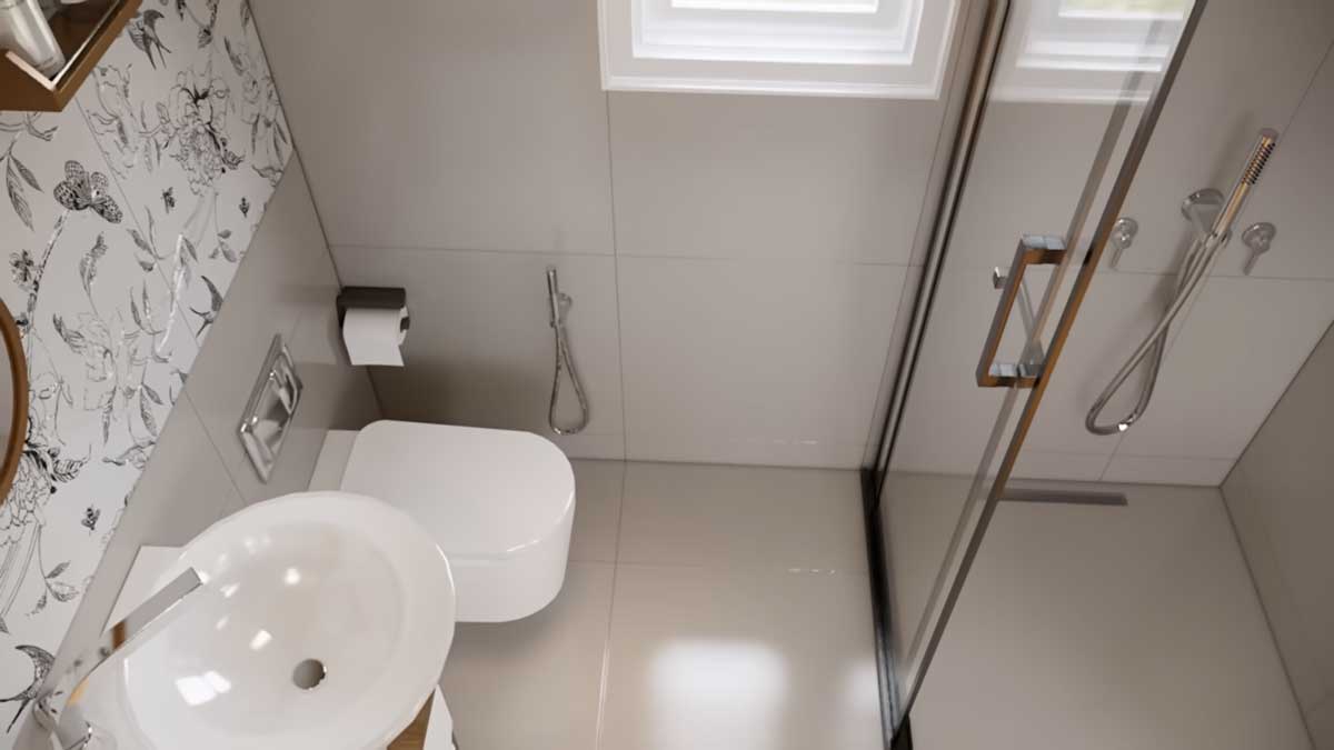 Moderní sprchový kout v tiny house s minimalistickým designem.