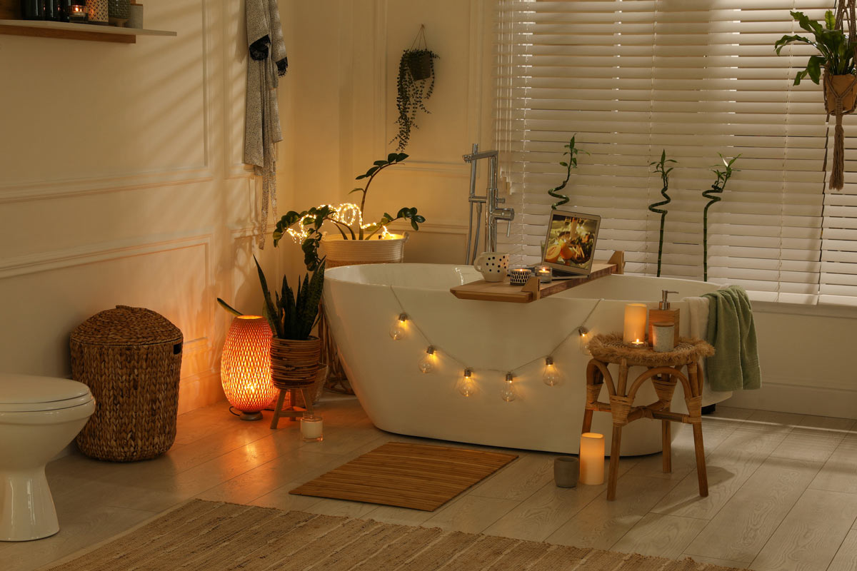 Volně stojící vana v útulné koupelně se svíčkami a teplým světlem vytváří atmosféru domácího wellness.