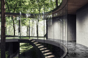 Kruhová chodba kolem vnitřního atria slouží jako přechodový prostor mezi interiérem a zahradou uvnitř domu.