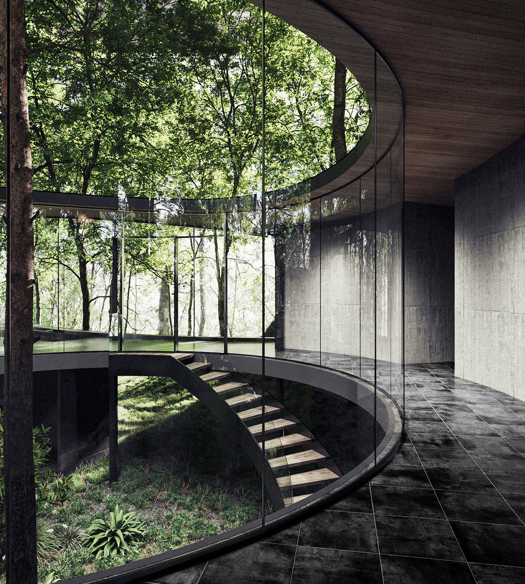 Kruhová chodba kolem vnitřního atria slouží jako přechodový prostor mezi interiérem a zahradou uvnitř domu.