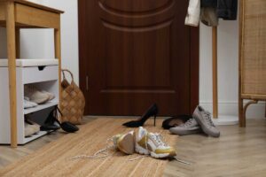 Předsíň s rozházenými botami ukazuje, jak snadno může nepořádek ovlivnit první dojem z domova.