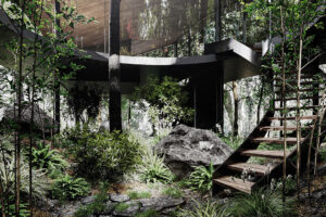 Centrální vnitřní nádvoří domu propojuje architekturu s lesním terénem a vytváří klidovou zahradu pod otevřeným kruhovým atriem.