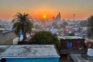 Východ slunce nad indickým městem s palmou v popředí a chrámem na horizontu.