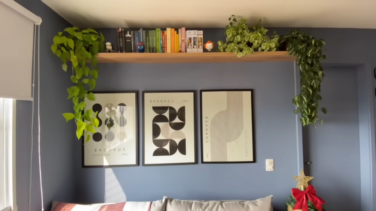 Tmavě modrá stěna s minimalistickými plakáty a policí plnou knih vytváří výrazný designový prvek obývacího pokoje.