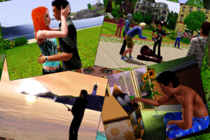 Koláž ze hry The Sims zachycuje každodenní život postav včetně vztahů, koníčků a volnočasových aktivit.