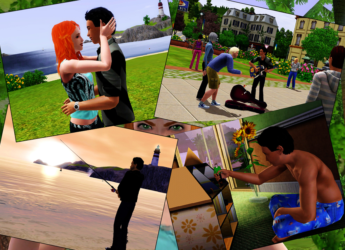 Koláž ze hry The Sims zachycuje každodenní život postav včetně vztahů, koníčků a volnočasových aktivit.