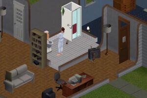 Jednoduše zařízený interiér z prvního dílu The Sims ukazuje skromné začátky virtuálního bydlení.