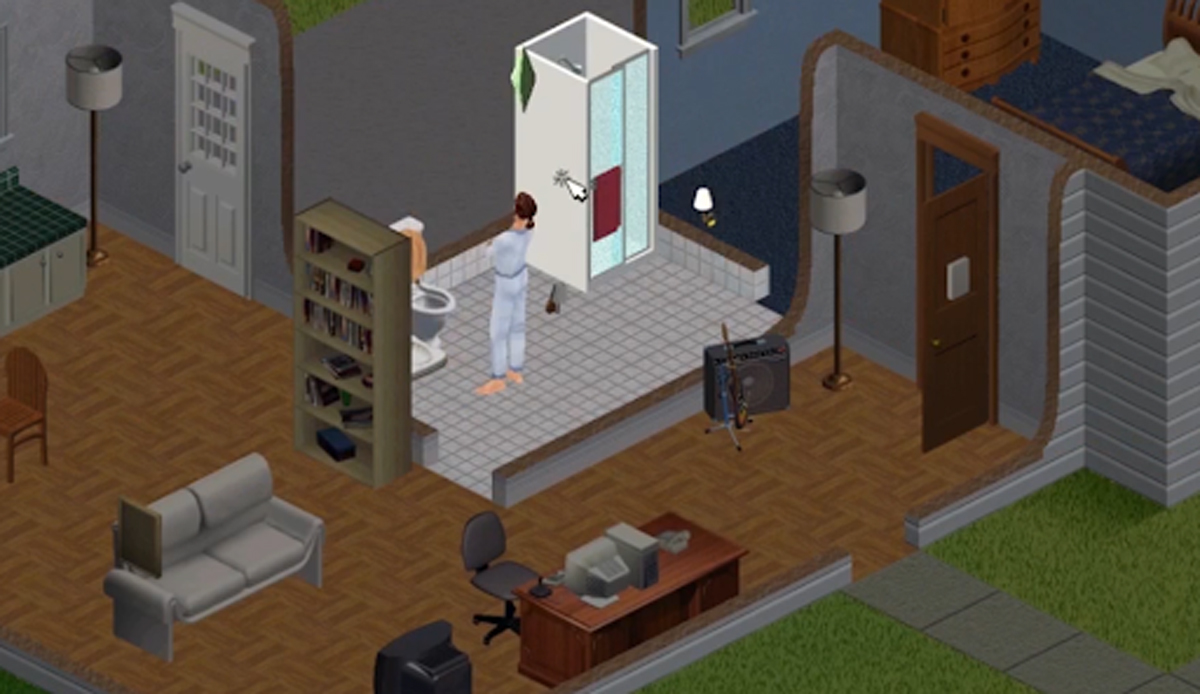Jednoduše zařízený interiér z prvního dílu The Sims ukazuje skromné začátky virtuálního bydlení.