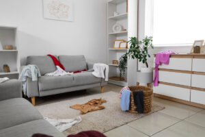 Oblečení odložené na sedačce i podlaze bývá typickým nepořádkem, který domácí často přestanou registrovat.
