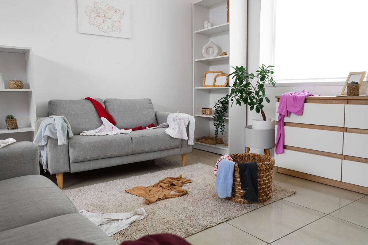 Oblečení odložené na sedačce i podlaze bývá typickým nepořádkem, který domácí často přestanou registrovat.