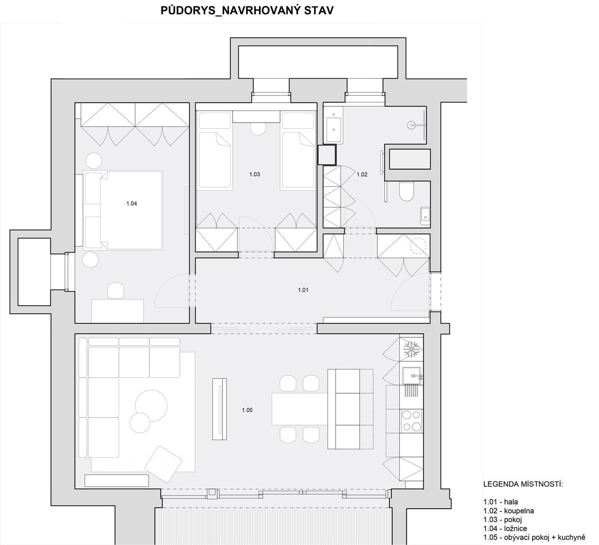Půdorys apartmánu ukazuje upravenou dispozici s prostornější vstupní halou, dvěma ložnicemi a otevřenou obytnou částí.