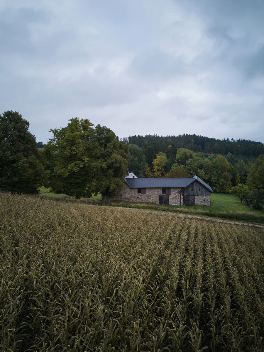 Kamenný statek na Vysočině obklopený polem, loukami a lesem.