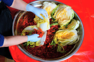Nasolené čínské zelí se při tradiční přípravě kimchi plní směsí zeleniny a koření.