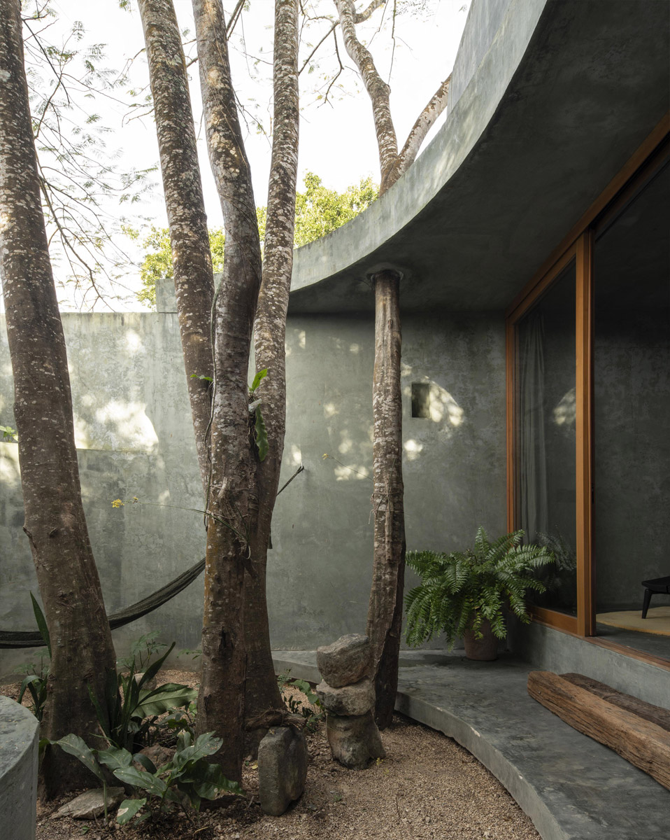 Soukromé atrium se vzrostlými stromy a původní vegetací obklopené betonovými stěnami Casa Gruta.