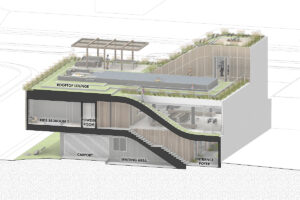 Architektonický řez domem zobrazující střešní bazén, venkovní posezení, dětský pokoj a vstupní podlaží.