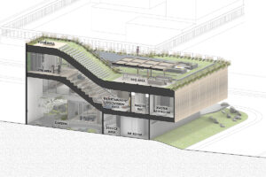 Architektonický řez domem se zahradou, hlavní ložnicí, domácí posilovnou a zelenou střechou s venkovním posezením.